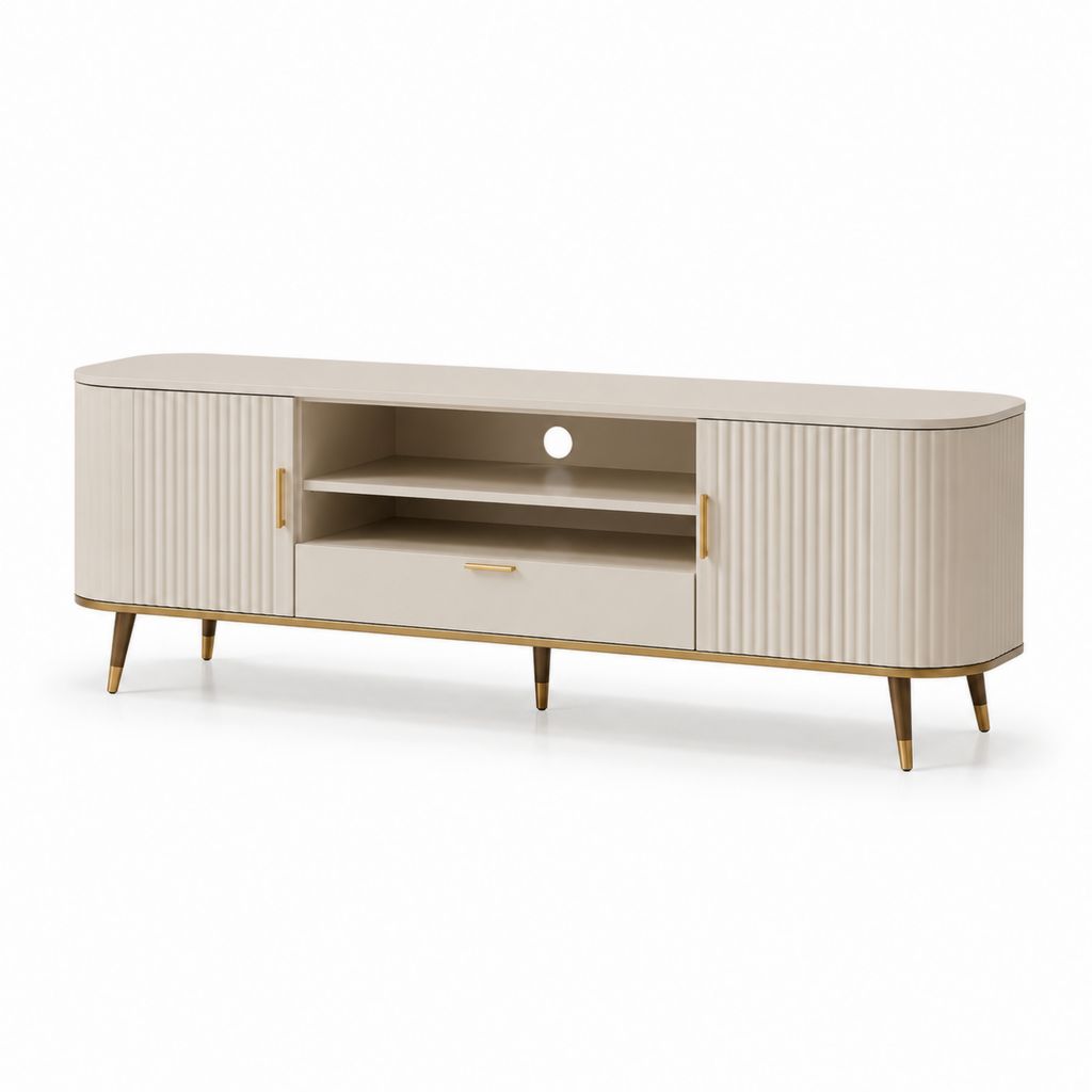 Mobile TV basso beige in MDF con ante scanalate e cassetto 180 x 40 x 55 cm