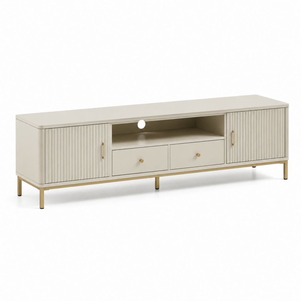 Mobile TV beige in MDF rettangolare con ante scanalate e gambe in acciaio 180 x 40 x 55 cm