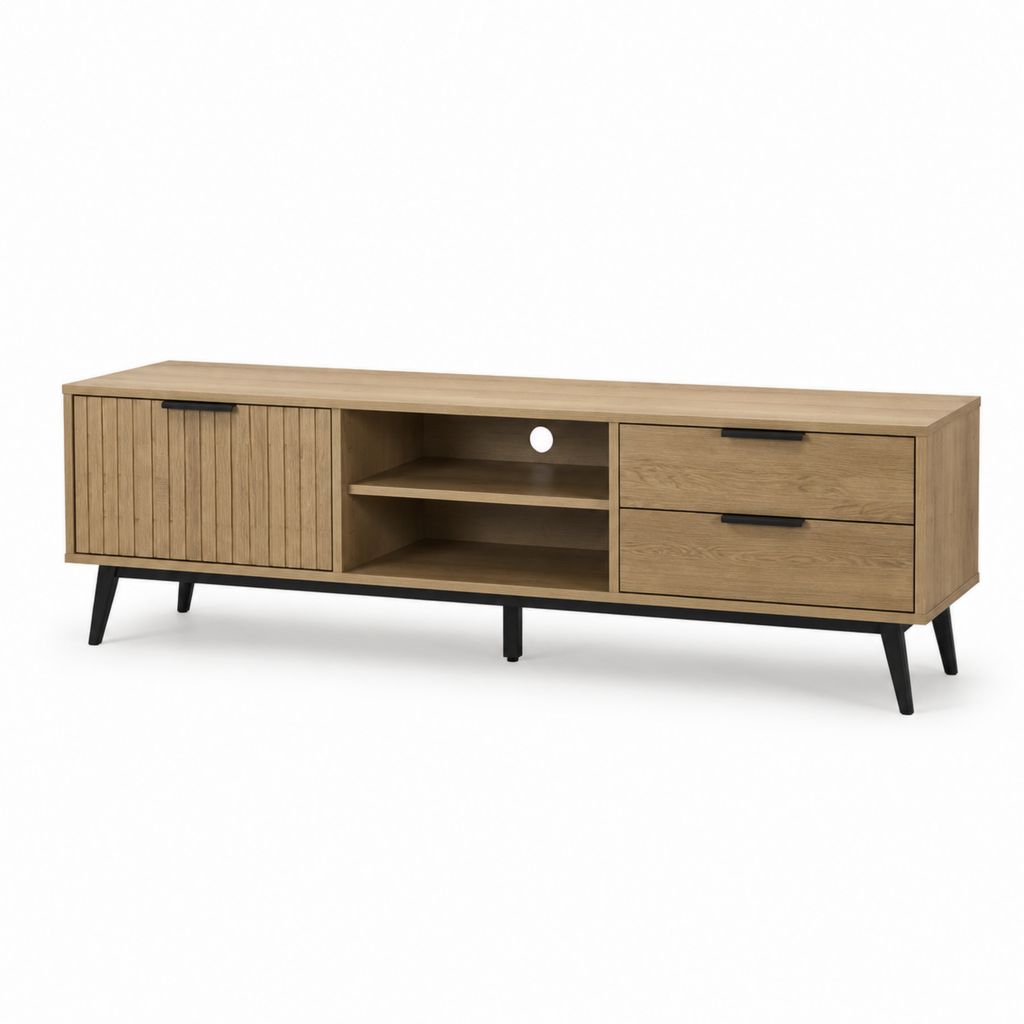 Mobile TV basso rovere in pannelli di particelle 180 x 40 x 60 cm con 2 cassetti e ante