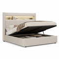 Letto contenitore matrimoniale beige in pelle sintetica PU con testiera illuminata 160 x 200 cm