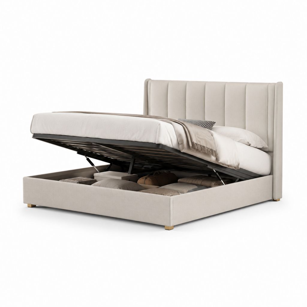 Letto contenitore matrimoniale beige in poliestere 160 x 200 cm con testiera imbottita
