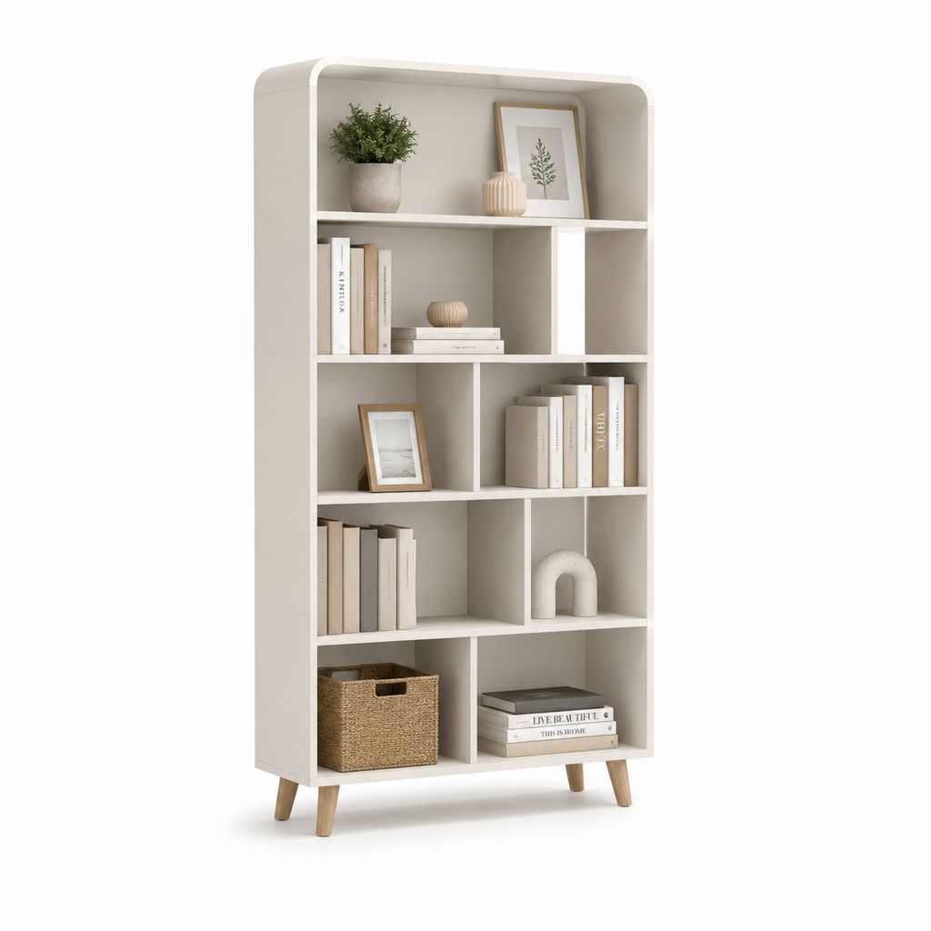 Libreria a 9 vani bianca in MDF rettangolare 80 x 30 x 180 cm con gambe in legno massello