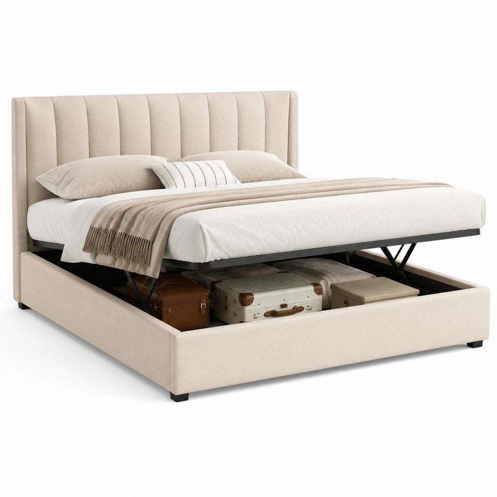 Letto contenitore matrimoniale beige in poliestere rettangolare 160 x 200 cm