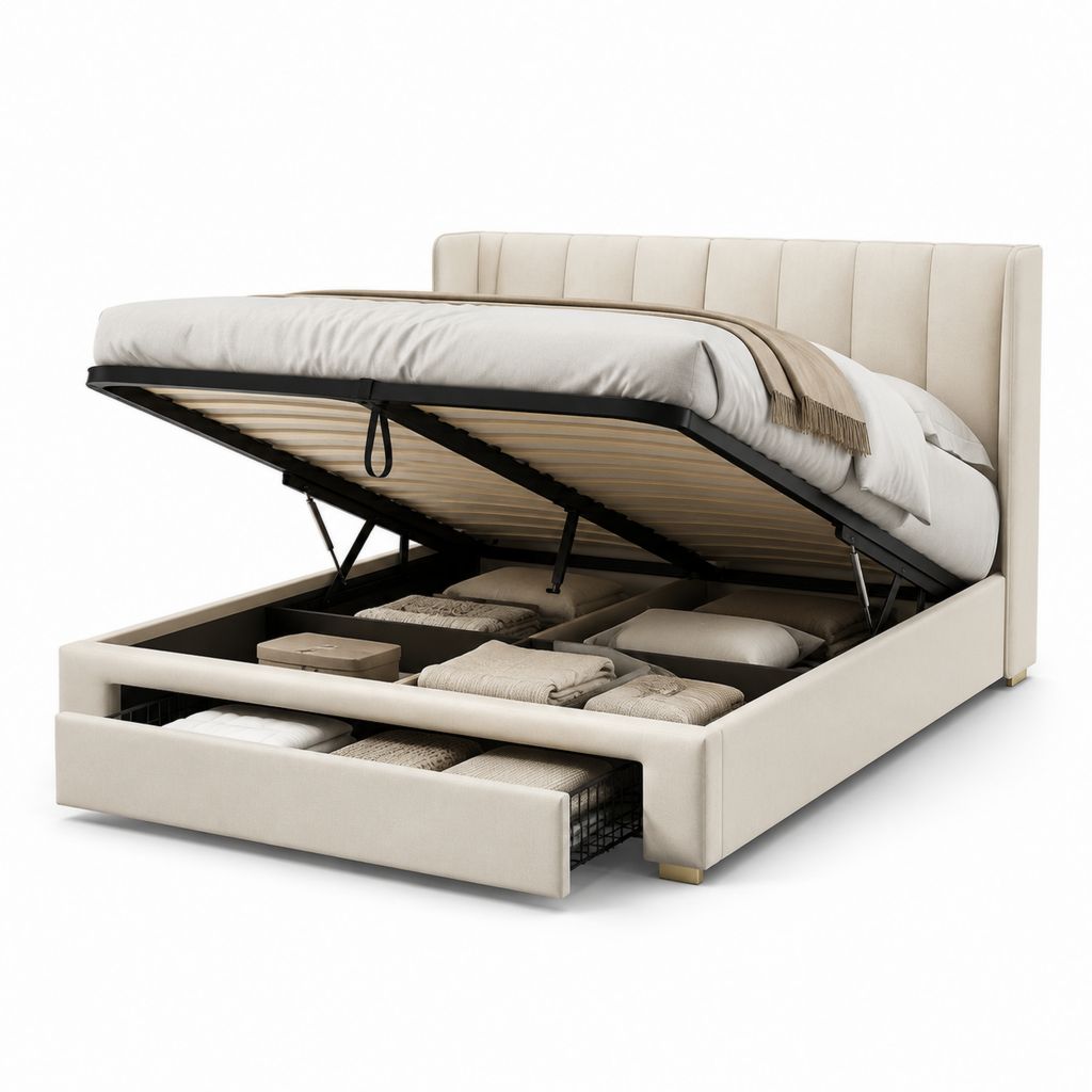 Letto contenitore matrimoniale beige in poliestere con testiera imbottita 180 x 220 x 110 cm