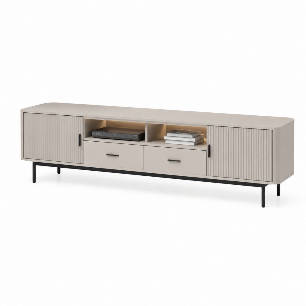 Mobile TV con 2 ante scorrevoli e 2 cassetti tortora in MDF e acciaio 200 x 40 x 55 cm