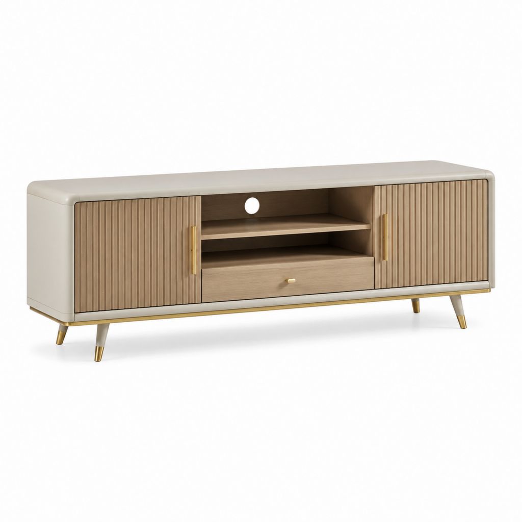 Mobile TV basso beige e rovere in MDF con rivestimento PU 180 x 40 x 60 cm