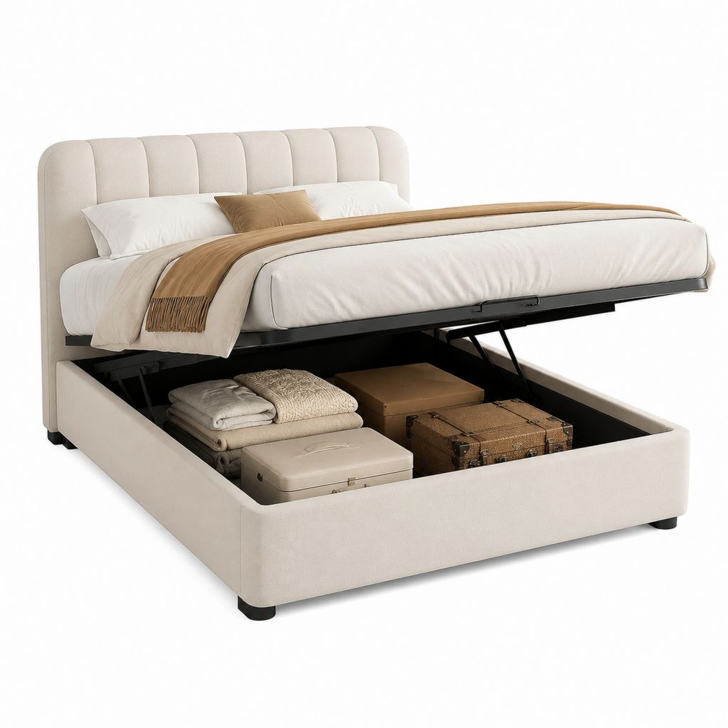 Letto contenitore matrimoniale beige in poliestere 160 x 200 cm con testiera imbottita