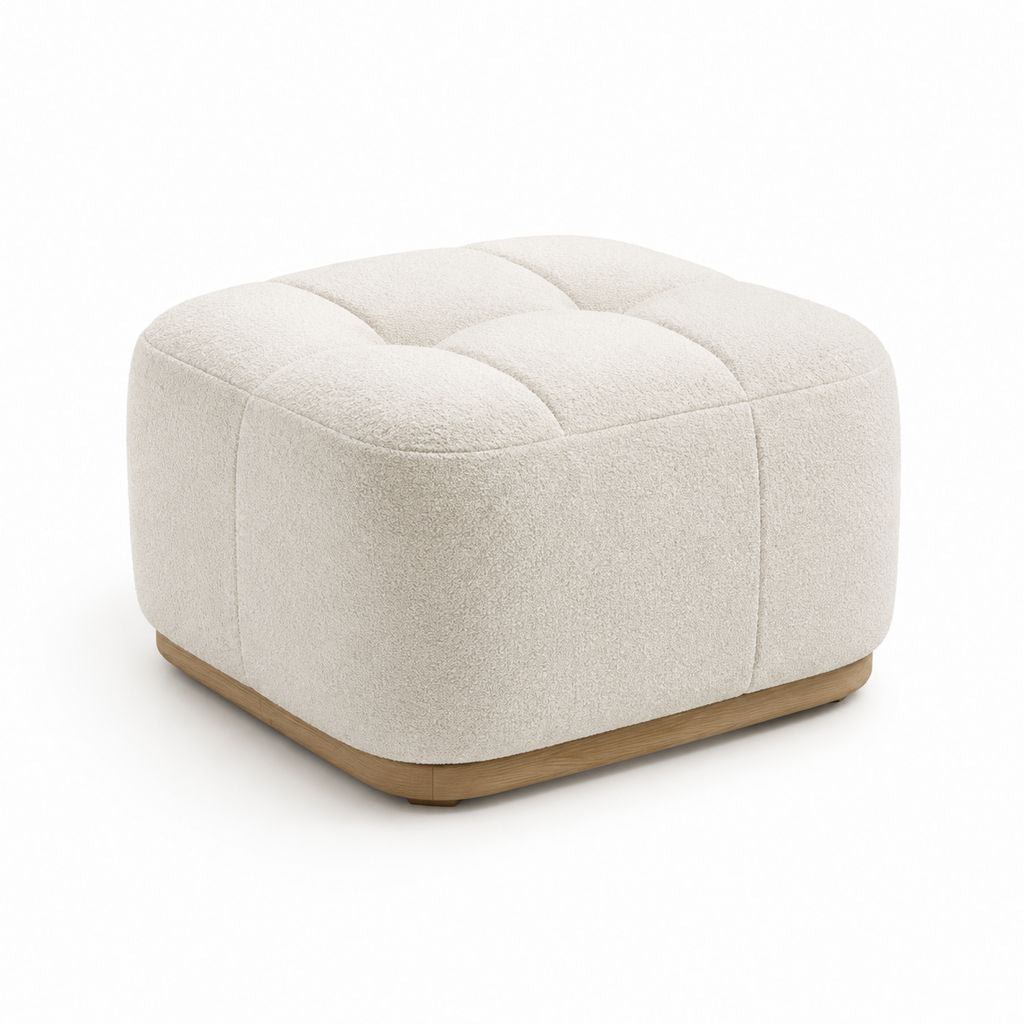 Pouf poggiapiedi quadrato avorio in poliestere bouclé con base effetto rovere 80 x 80 x 42 cm