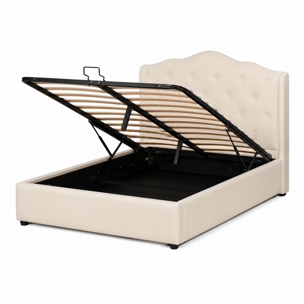 Letto contenitore matrimoniale beige in similpelle PU con testiera capitonné 160 x 200 cm
