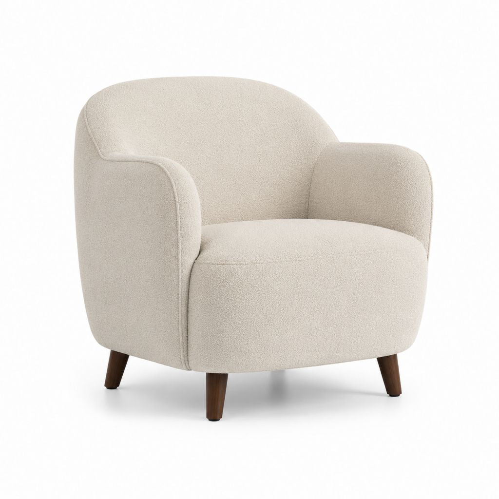 Poltrona da soggiorno beige in tessuto bouclé di poliestere con gambe in legno massello 78 x 78 x 78 cm