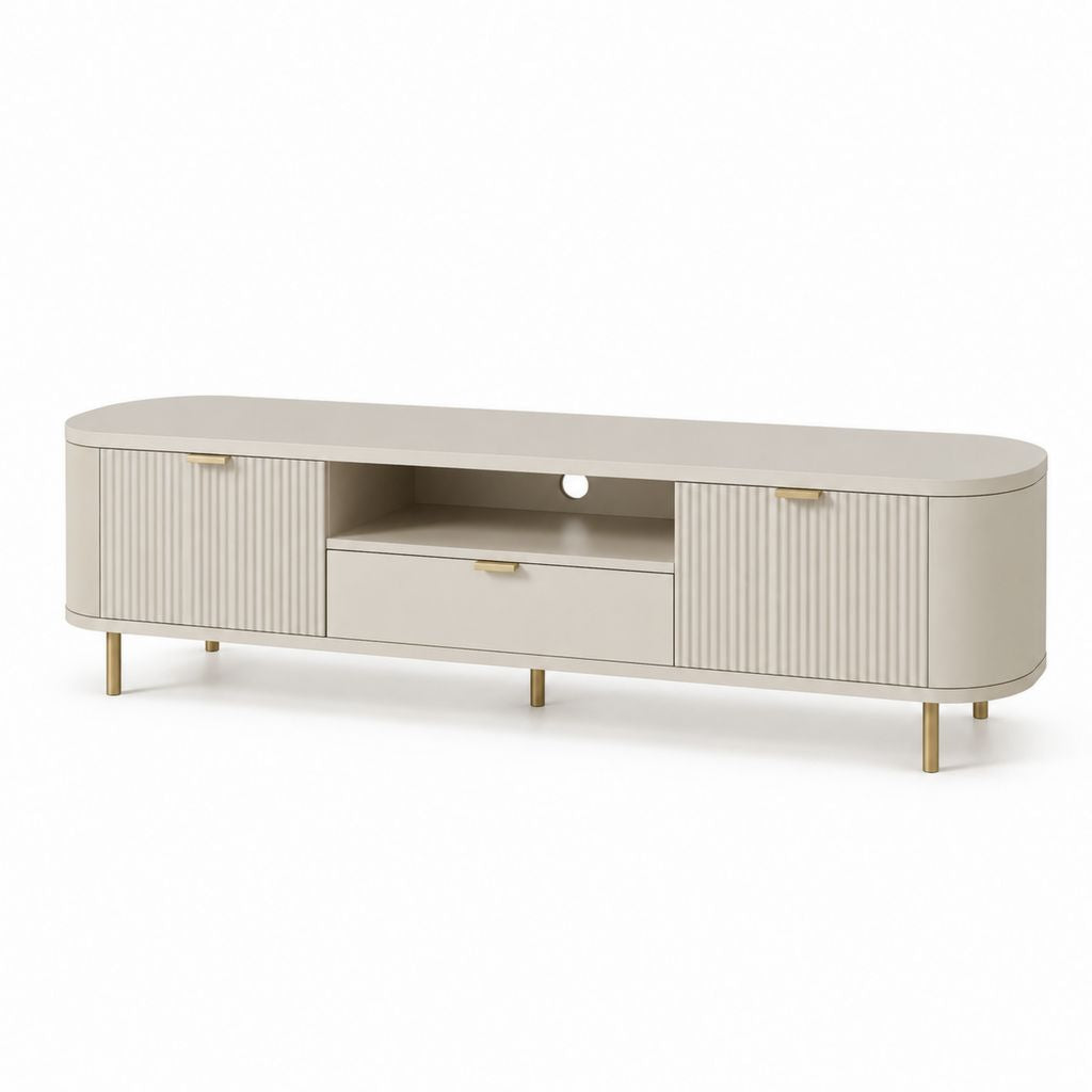 Mobile porta TV beige in MDF ovale con ante e cassetto 180 x 40 x 55 cm