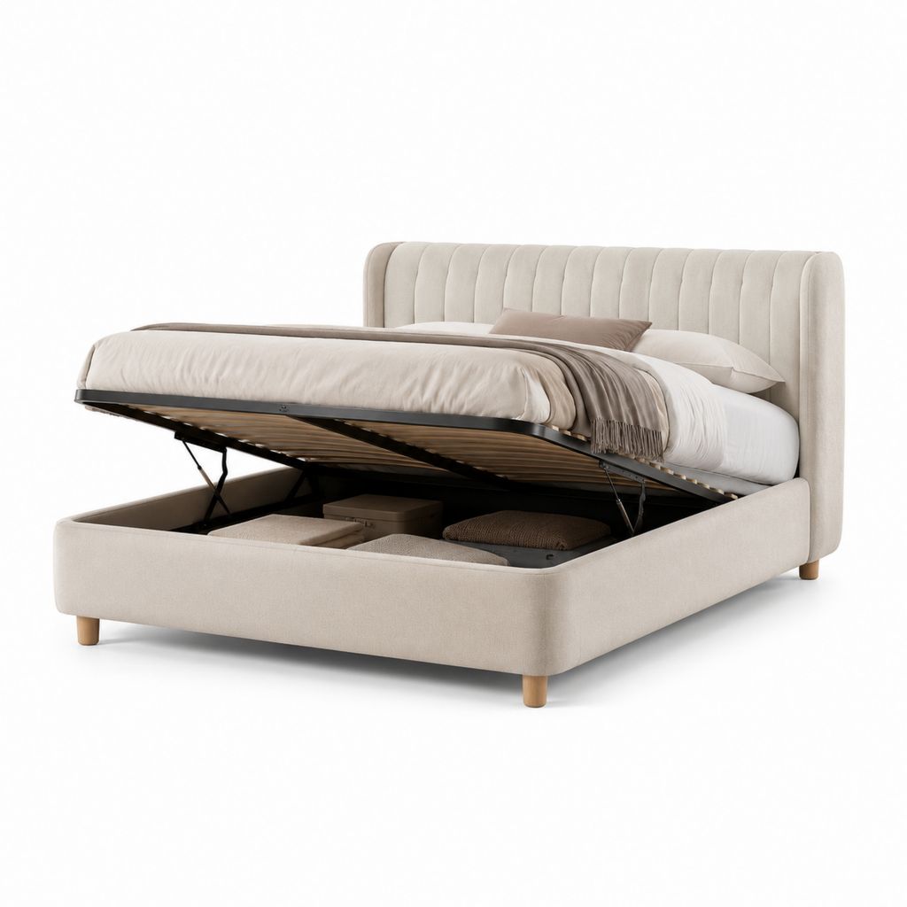 Letto contenitore matrimoniale beige in poliestere 160 x 200 cm con testiera imbottita