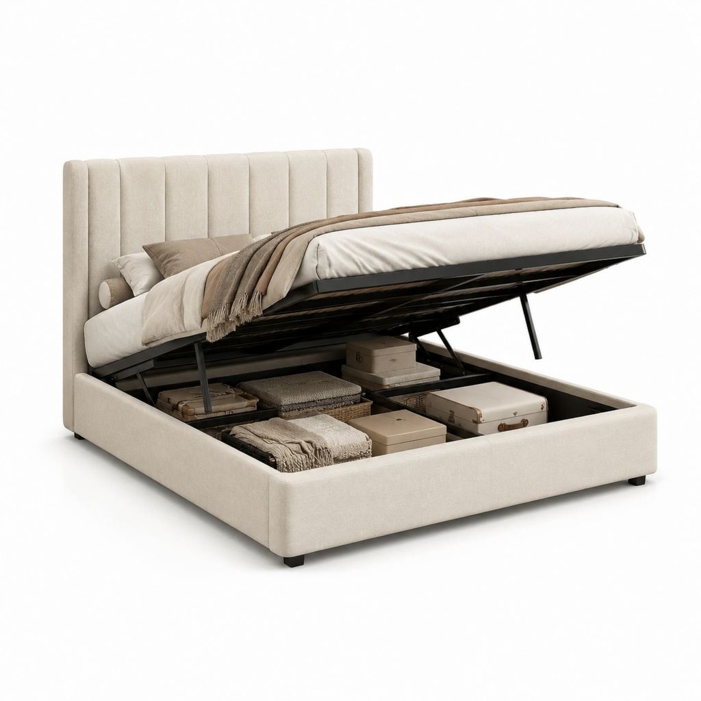Letto contenitore matrimoniale beige in poliestere rettangolare 160 x 200 cm