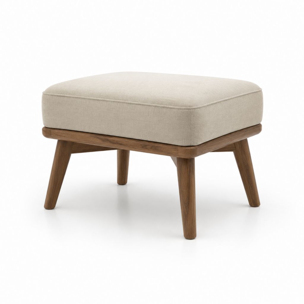 Poggiapiedi imbottito beige con struttura in legno massello di noce 60 x 45 x 43 cm